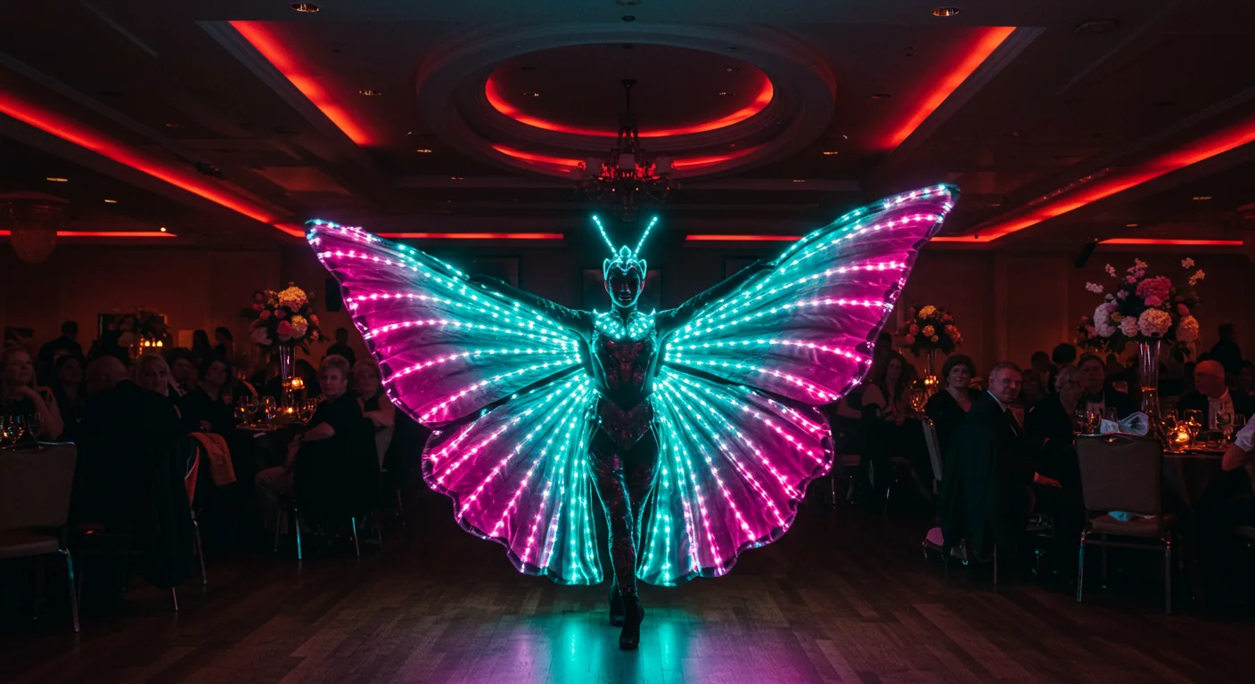 LED butterfly performer lighting up the floor at a casino gala