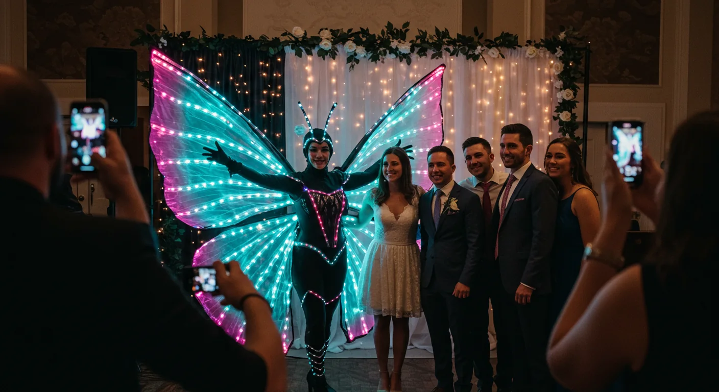 Guests posing with a luminous butterfly performer for event photos