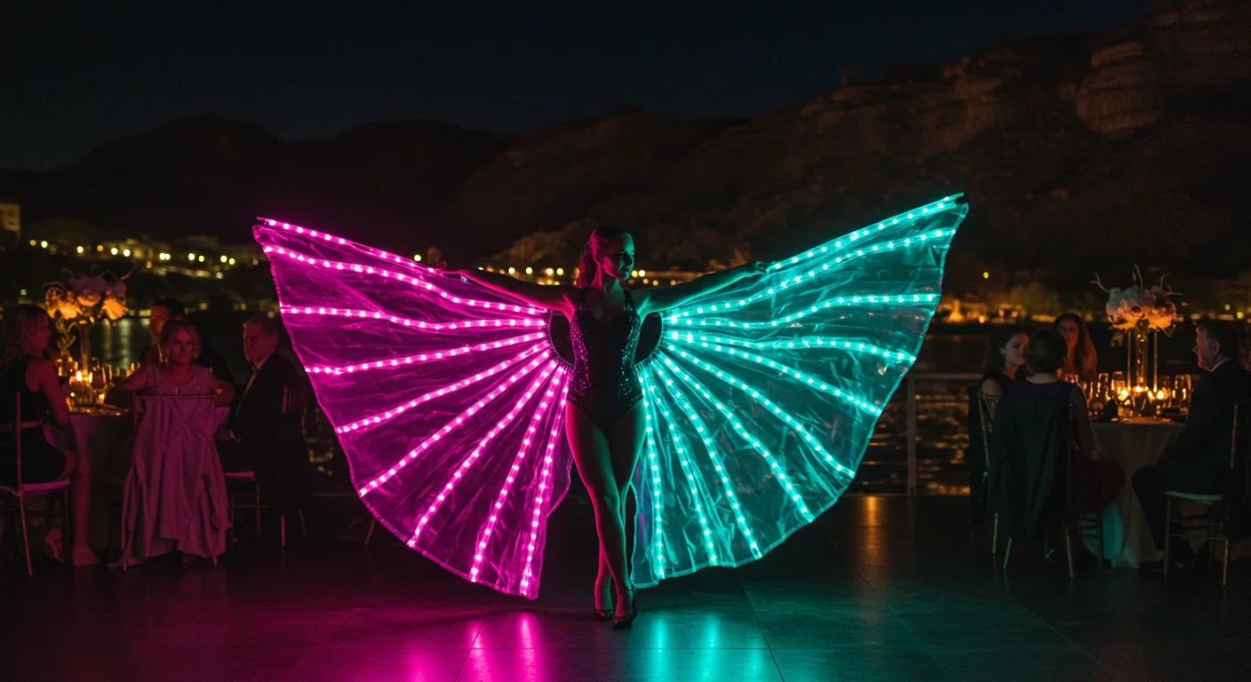 LED butterfly performer mid-pose during a live event reveal