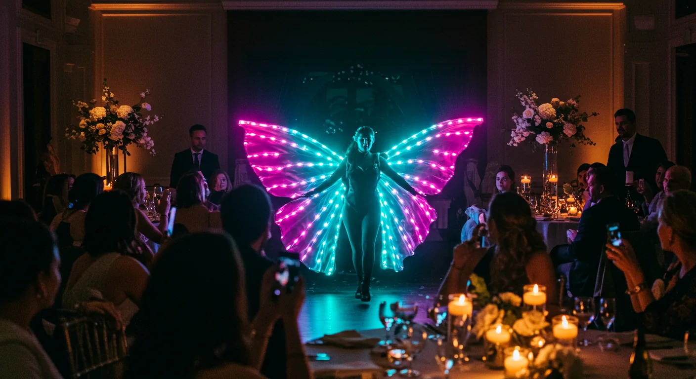 LED butterfly performer glowing on the dance floor at a wedding reception