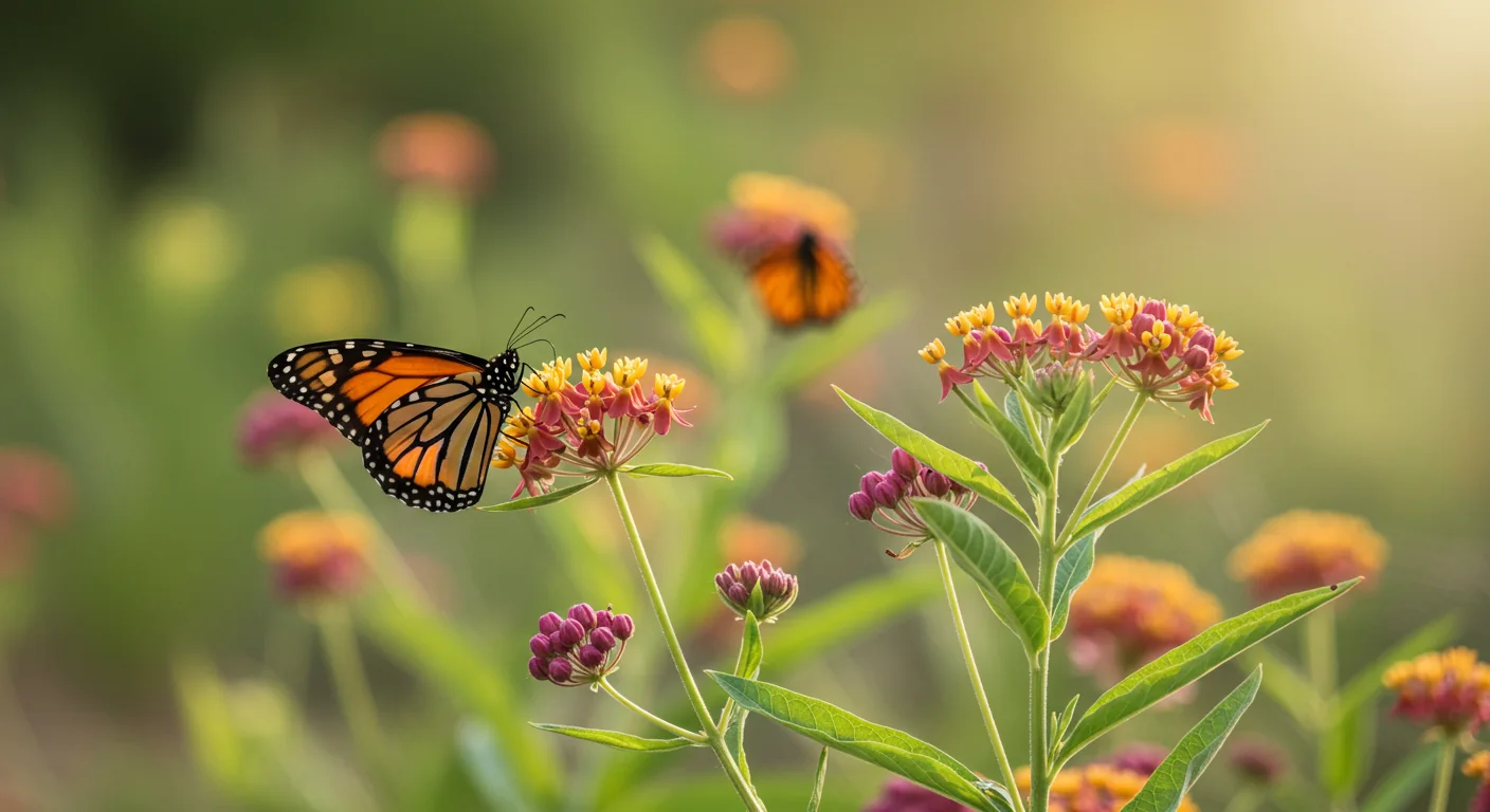 Monarch butterfly on native milkweed flowers in restored habitat