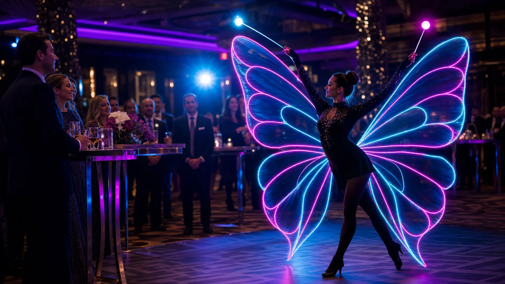 LED butterfly performer entertaining guests at an upscale casino gala