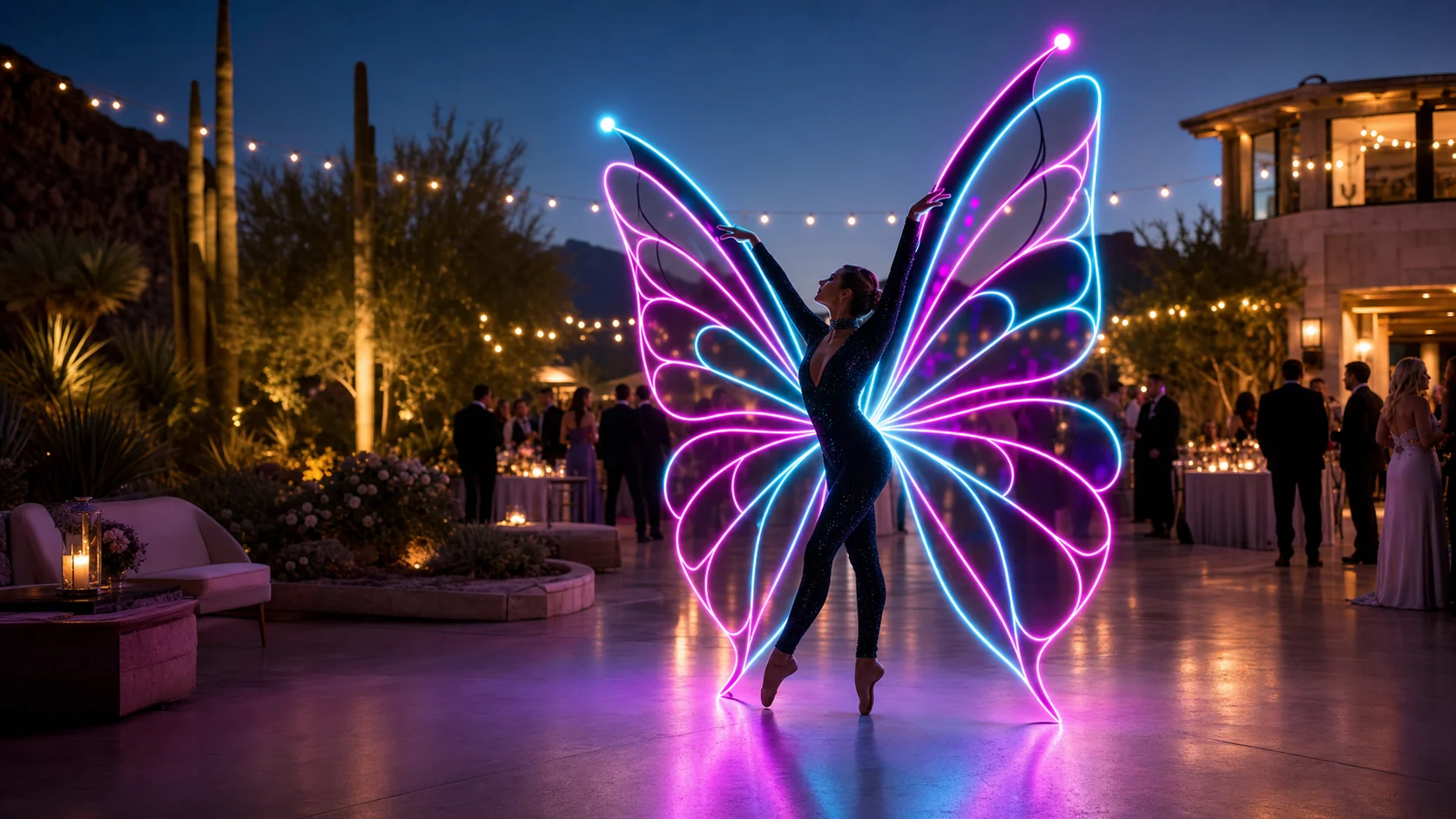 LED butterfly performer glowing at an outdoor desert wedding reception