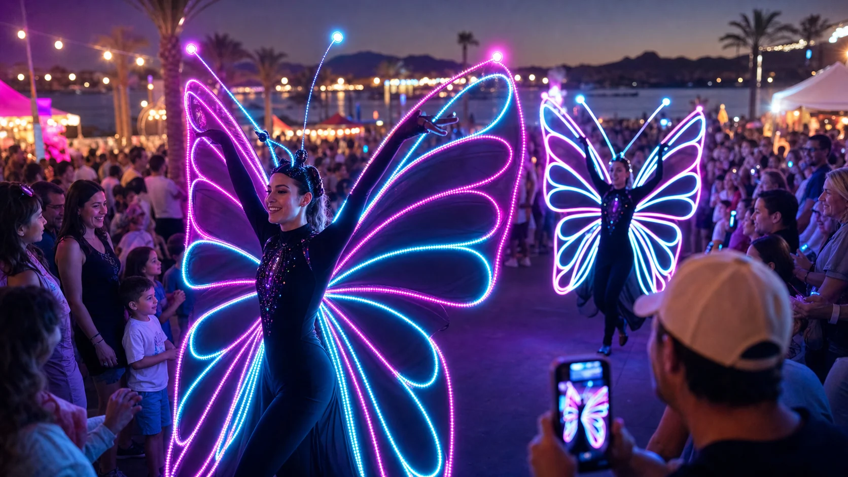 LED butterfly performers moving through a lively Colorado River festival crowd at night