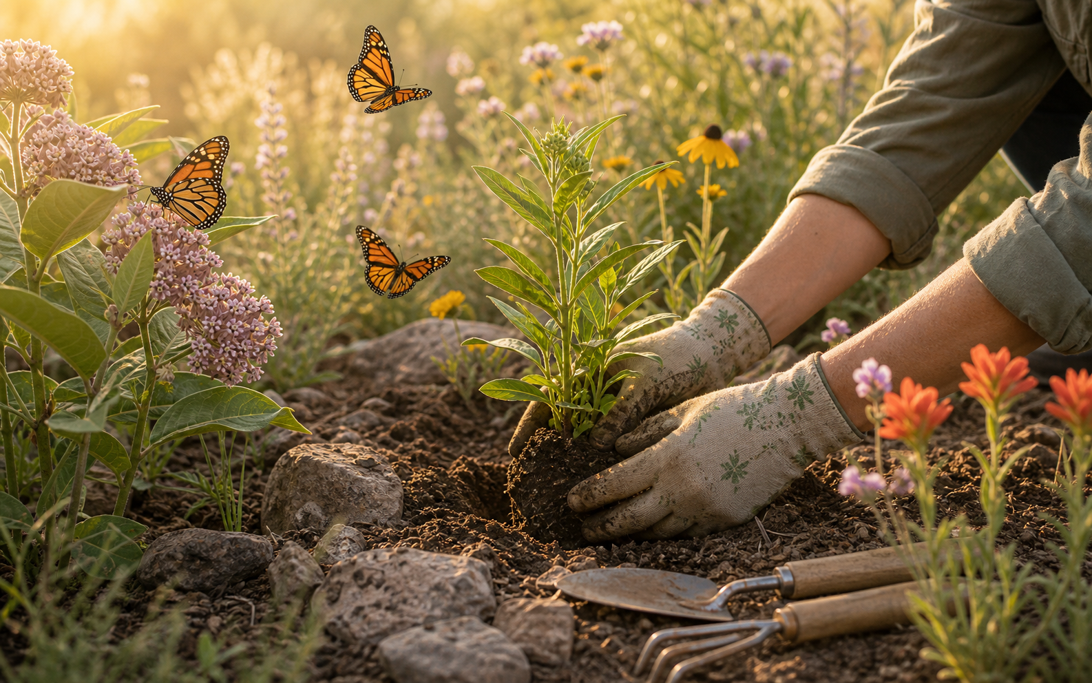 Hands planting native milkweed in a pollinator garden for butterfly habitat support