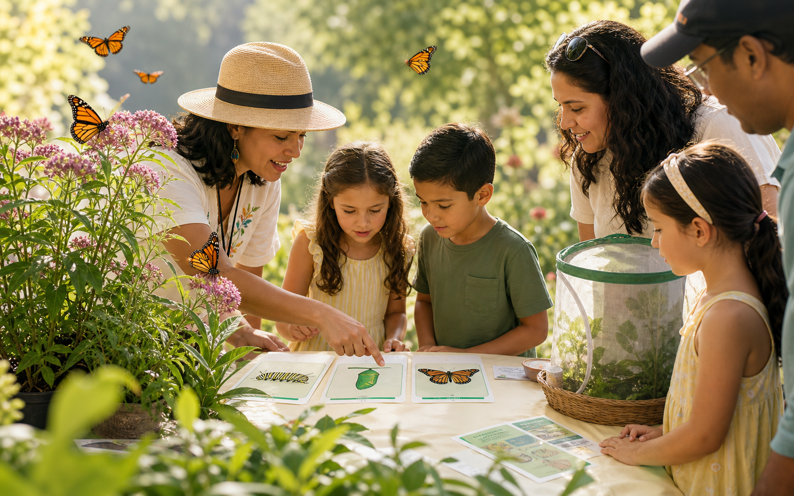 Community pollinator education table with butterfly lifecycle materials and native milkweed